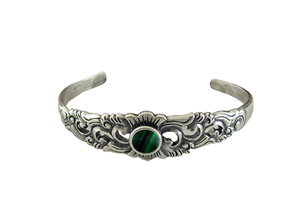 Sterling Silver Detailed Cuff Bracelet With Malachite